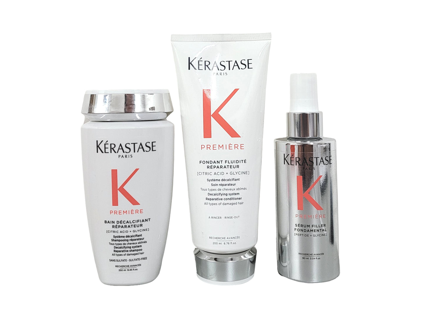 Kerastase TRIO Premiere Sulfate-Free Hair Repair Shampoo 8.5oz, Fondant Fluidite 6.76oz and Serum Filler Fondamental 3.04 oz