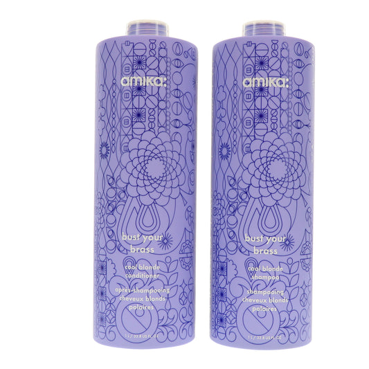 Amika Bust Your Brass Cool Blonde Shampoo 33.8 oz & Conditioner 33.8 oz Combo Pack