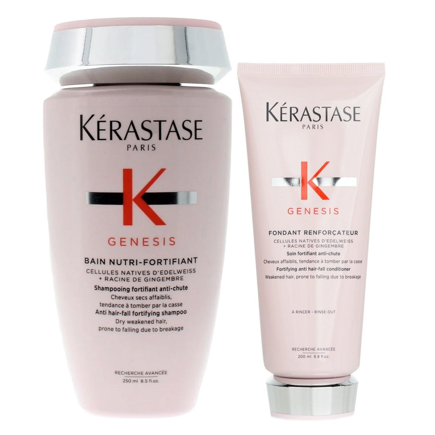 Kerastase Genesis Bain Nutri Fortifiant Shampoo 8.5 oz and Fondant Renforcateur Fortifying Conditioner 6.8 oz Set for Dry and Weakened Hair