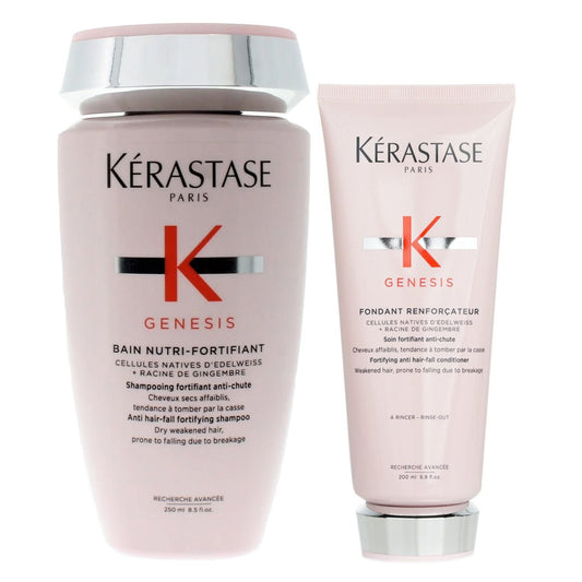 Kerastase Genesis Bain Nutri Fortifiant Shampoo 8.5 oz and Fondant Renforcateur Fortifying Conditioner 6.8 oz Set for Dry and Weakened Hair