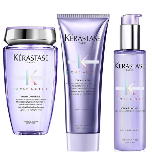 Kerastase Blond Absolu Bain lumiere Shampoo 8.5 oz, Cicaflash Conditioner 8.5 oz and Cicaplasme Hair Heat-Protecting Serum 5.1 Oz